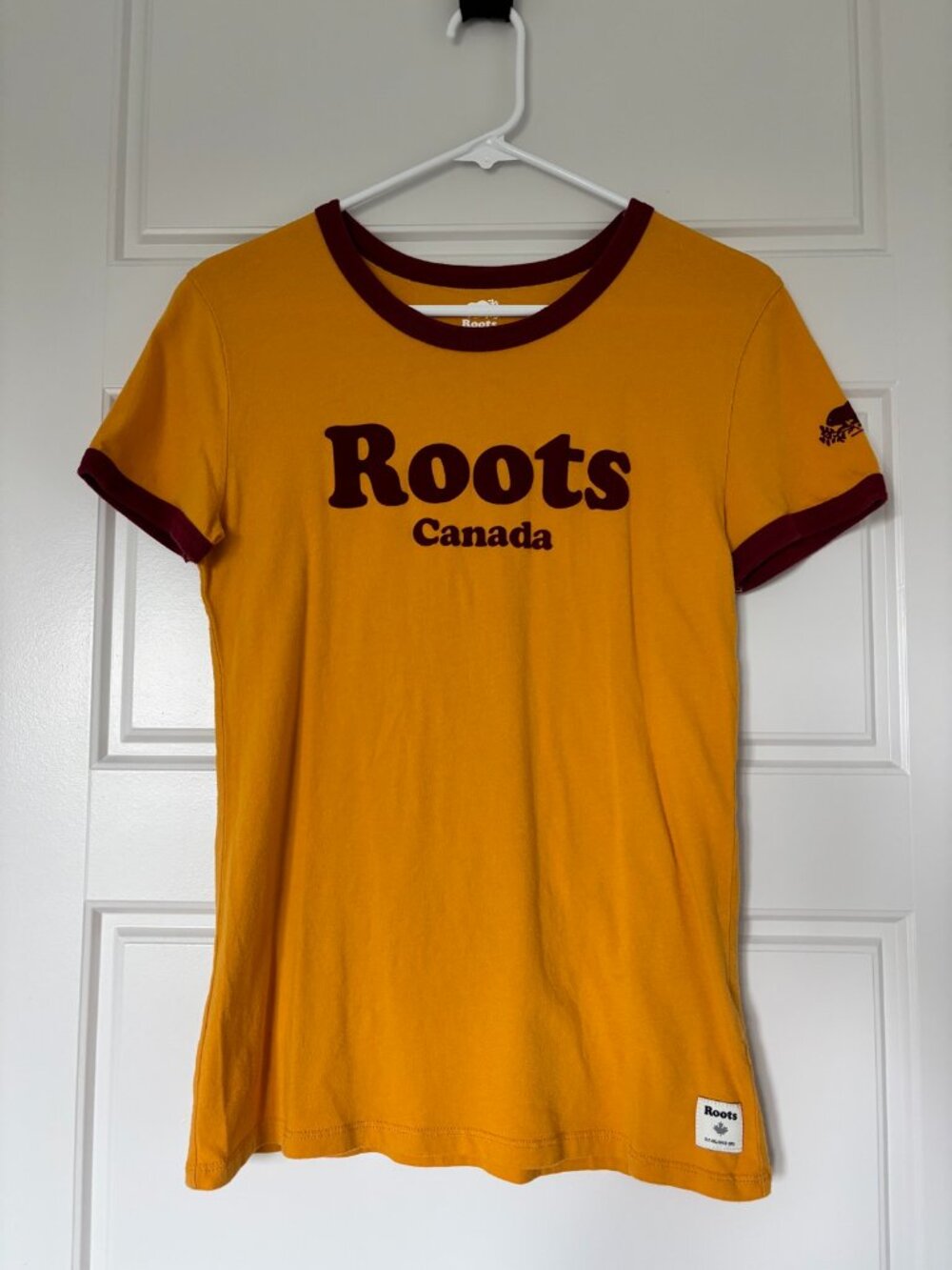 Roots Canada Womens Ringer T-Shirt Mustard Yellow Maroon Trim Beaver Logo